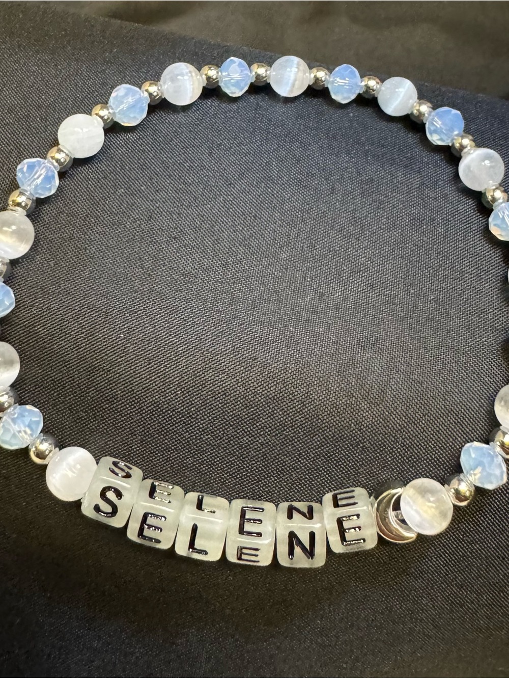 Selenite Beaded Name Bracelet in White and Light Blue - Picture 2 of 2